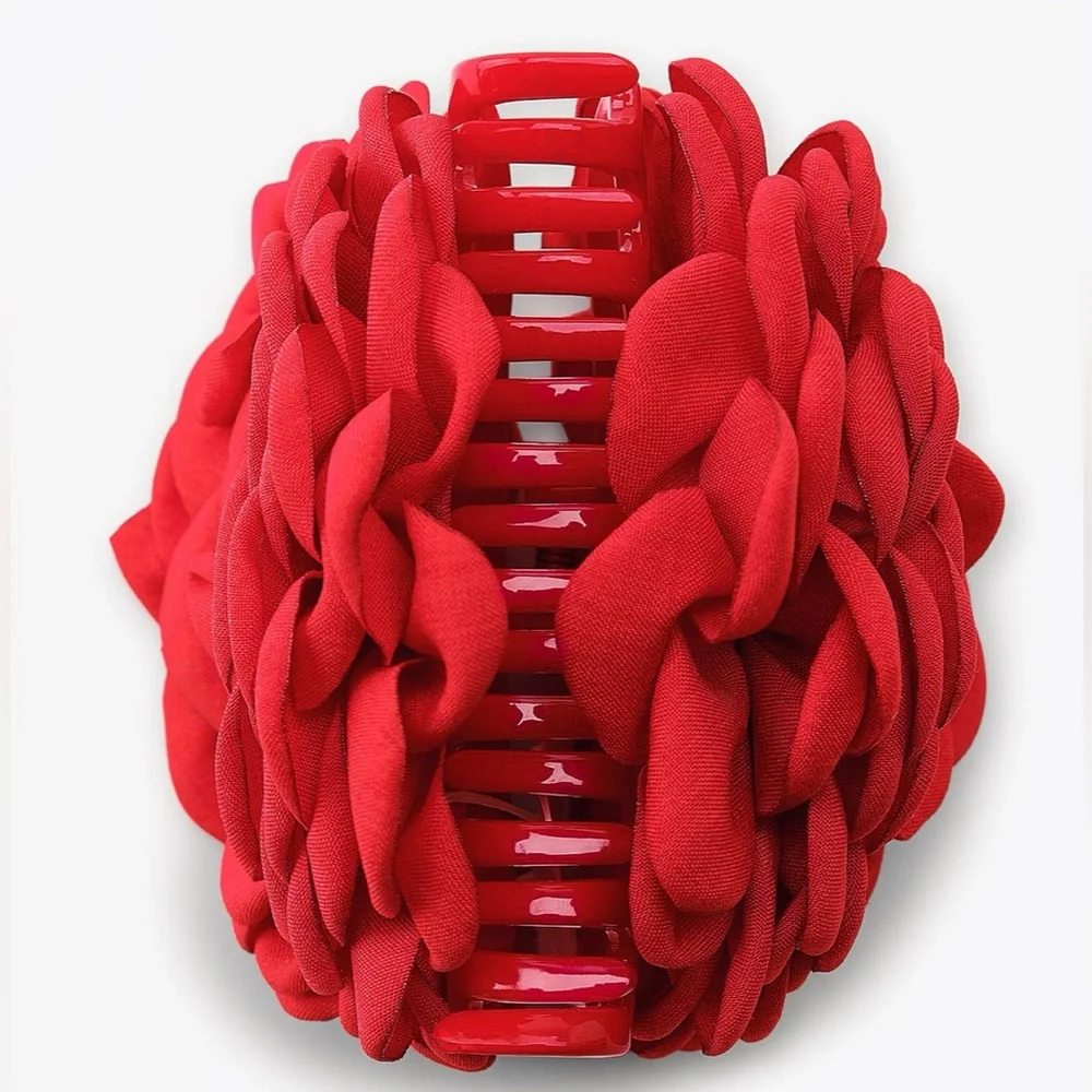 Zara flower fabric 3D hair clip, red